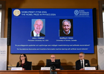 The laureates of the 2024 Nobel Prize in Physics, US physicist John J Hopfield (top L) and Canadian-British computer scientist and cognitive psychologist Geoffrey E Hinton. ©AFP