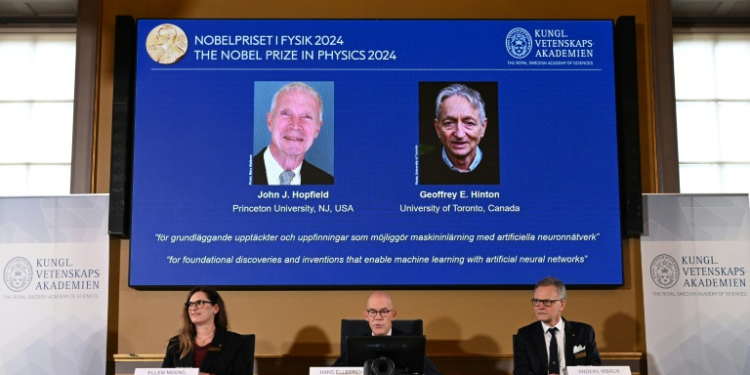 The laureates of the 2024 Nobel Prize in Physics, US physicist John J Hopfield (top L) and Canadian-British computer scientist and cognitive psychologist Geoffrey E Hinton. ©AFP