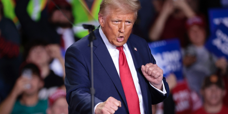 Former US President and Republican presidential candidate Donald Trump dances as he arrives to speak during his final campaign rally at the Van Andel Arena in Grand Rapids, Michigan, on the early morning of November 5, 2024 / ©AFP