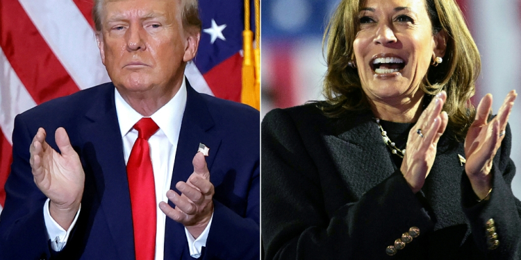 (COMBO) This combination of pictures created on November 4, 2024 shows former US President and 2024 presidential hopeful Donald Trump in Waterloo, Iowa, on December 19, 2023 and US Vice President and Democratic presidential candidate Kamala Harris in Philadelphia, Pennsylvania on November 4, 2024.   / ©AFP