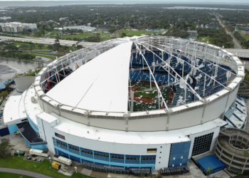 A drone image shows the dome of Tropicana Field which has been torn open due to Hurricane Milton in St. Petersburg, Florida, on October 10, 2024. ©AFP