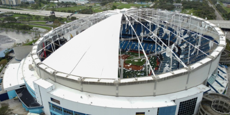 A drone image shows the dome of Tropicana Field which has been torn open due to Hurricane Milton in St. Petersburg, Florida, on October 10, 2024. ©AFP