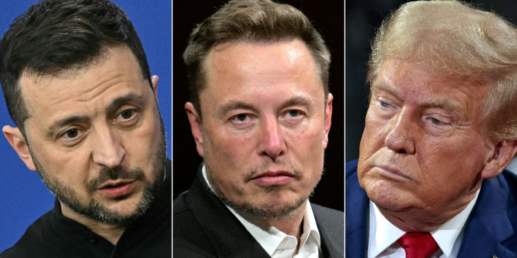 Ukrainian officials said Zelensky, left, spoke with Musk, centre, and Trump in a phone call / ©AFP