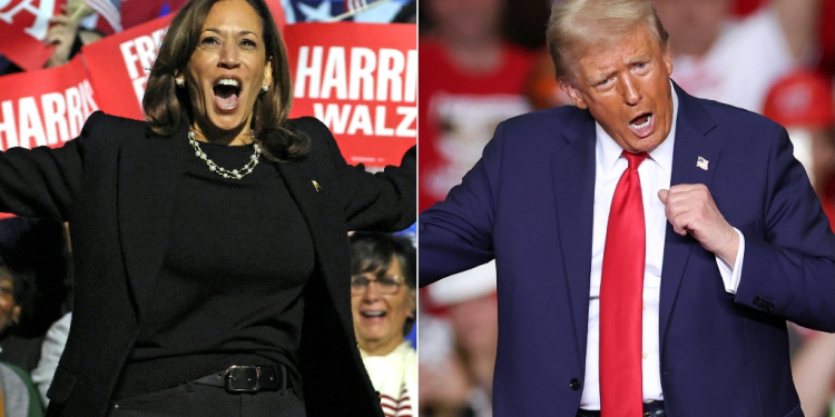 (COMBO) This combination of pictures created on November 04, 2024 shows US Vice President and Democratic presidential candidate Kamala Harris (R) walks on stage as she arrives for a campaign rally at the Carrie Blast Furnaces National Historic Landmark outside Pittsburgh, in Rankin, Pennsylvania on November 4, 2024, and former US President and Republican presidential candidate Donald Trump dances on stage after speaking at a campaign rally at PPG Paints Arena in Pittsburgh, Pennsylvania on November 4, 2024.   / ©AFP