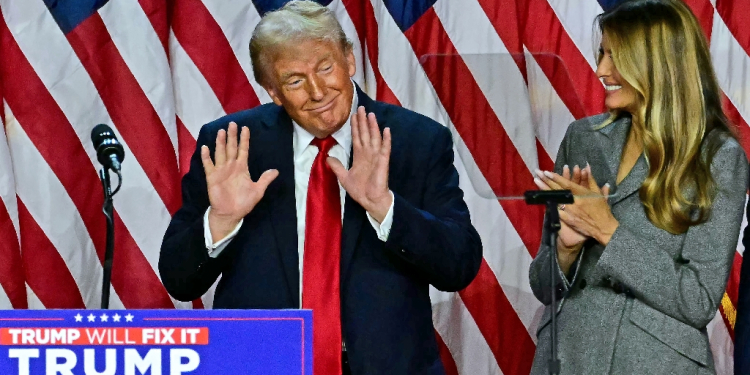 Donald Trump speaks at an election victory party in West Palm Beach, Florida on November 6, 2024 / ©AFP