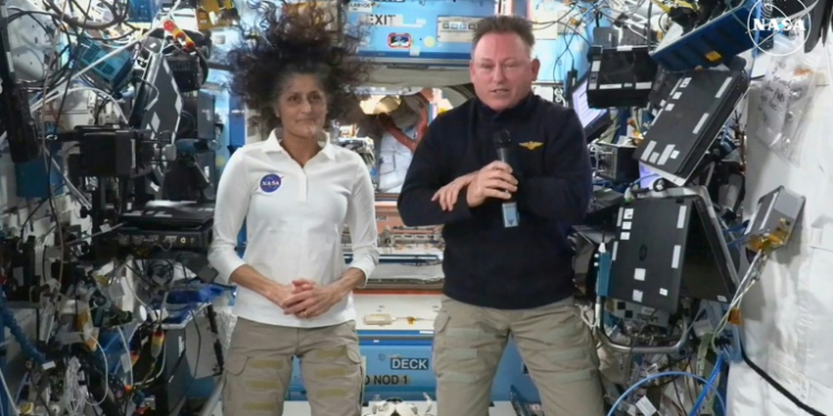 US astronauts Suni Williams (L) and Butch Wilmore took off aboard Boeing's Starliner in June 2024 for what was meant to be an eight-day mission -- they now will not return until spring 2025. ©AFP