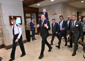 Elon Musk, with his son on his shoulders, and entrepreneur Vivek Ramaswamy met members of Congress to discuss their plans for slashing government spending under Donald Trump / ©AFP