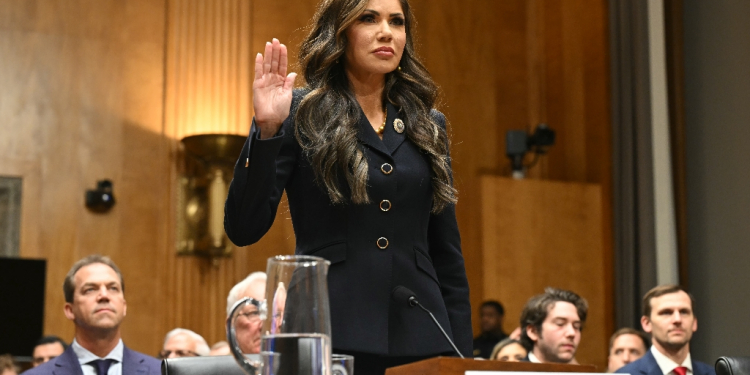 South Dakota Governor Kristi Noem is sworn in during a Senate Homeland Security and Governmental Affairs Committee hearing on her nomination to be Secretary of Homeland Security, on Capitol Hill in Washington on January 17, 2025 / ©AFP