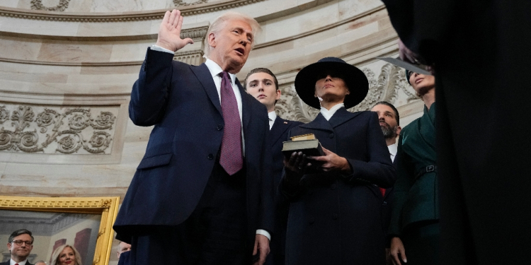 President Donald Trump, speaking after being sworn in, vowed an overhaul of the US trade system / ©AFP