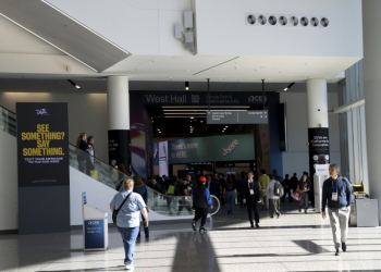 Attendees walk through the main entrance during the Consumer Electronics Show in Las Vegas on January 10, 2025. ©AFP