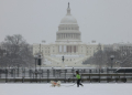 A woman walks her dog near the US Capitol as snow falls during a winter storm in Washington on January 6, 2025. ©AFP