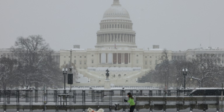 A woman walks her dog near the US Capitol as snow falls during a winter storm in Washington on January 6, 2025. ©AFP