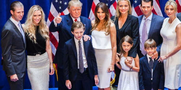 Donald Trump's family -- including (L-R) Eric Trump, Lara Trump, Donald Trump, Barron Trump, Melania Trump, Vanessa Haydon Trump, Kai Madison Trump, Donald Trump Jr and, beside her father, Ivanka Trump -- have been involved to varying degrees in his political career / ©AFP