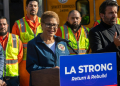 Los Angeles Mayor Karen Bass speaks to journalists on January 17, 2025 about the wildfires that have devastated parts of her city . ©AFP