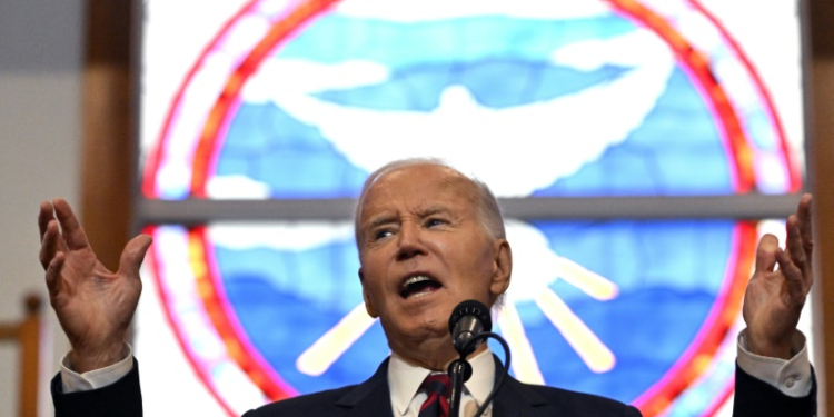 US President Joe Biden speaks during a Sunday service at Royal Missionary Baptist Church in North Charleston, South Carolina. ©AFP