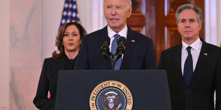 US President Joe Biden speaks about the Israel-Hamas ceasefire and hostage release deal in the Cross Hall of the White House, as Vice President Kamala Harris and Secretary of State Antony Blinken look on, on January 15, 2025. Israel and Hamas agreed on Wednesday to a deal for a ceasefire and the release of hostages being held in Gaza following separate meetings with Qatar's prime minister, a source briefed on the talks told AFP. A US official confirmed the deal.  / ©AFP